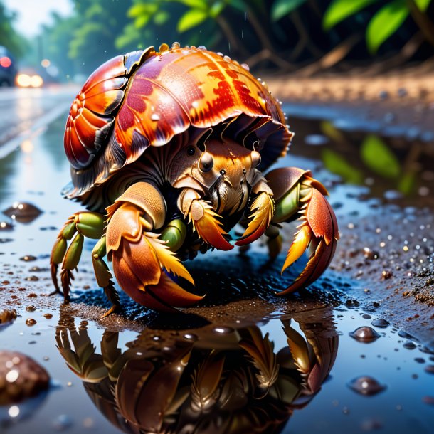 Photo of a eating of a hermit crab in the puddle