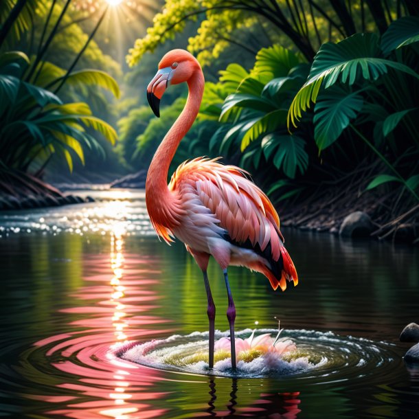 Pic of a flamingo in a coat in the river