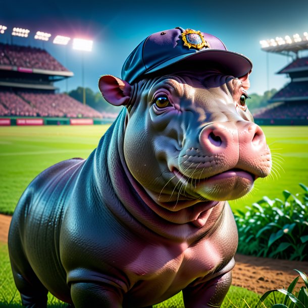 Image of a hippopotamus in a cap on the field