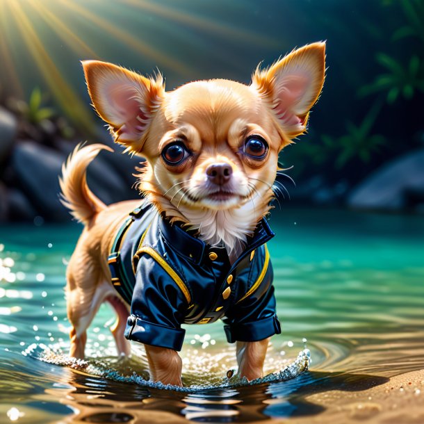 Foto de un chihuahua en un pantalón en el agua