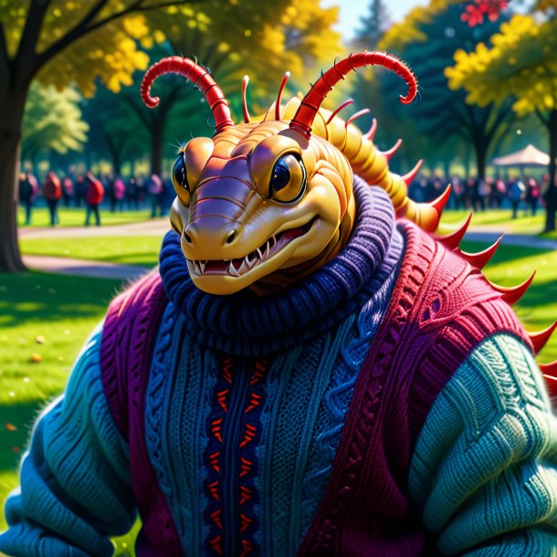 Drawing of a centipede in a sweater in the park