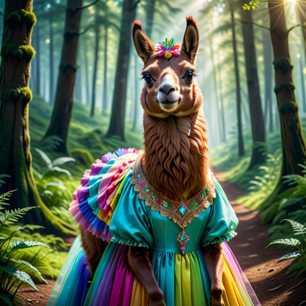 Image of a llama in a dress in the forest