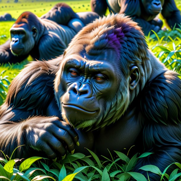 Picture of a sleeping of a gorilla on the field