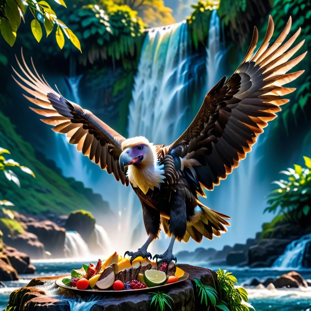 Picture of a eating of a vulture in the waterfall