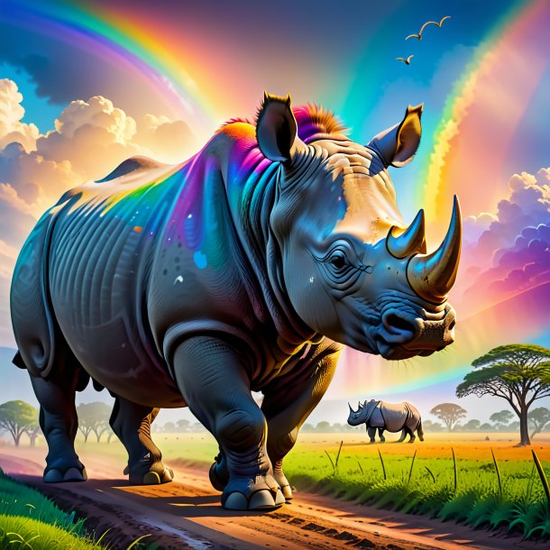 Photo of a smiling of a rhinoceros on the rainbow