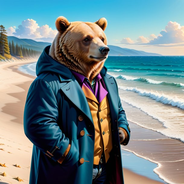 Dessin d'un ours dans un manteau sur la plage