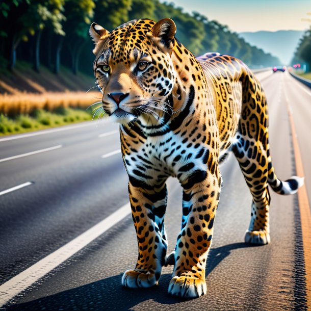 Foto de un jaguar en un pantalón en la carretera