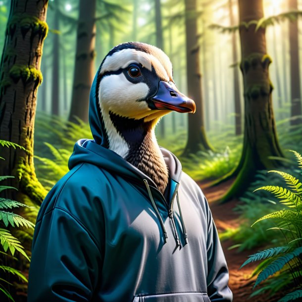 Picture of a goose in a hoodie in the forest