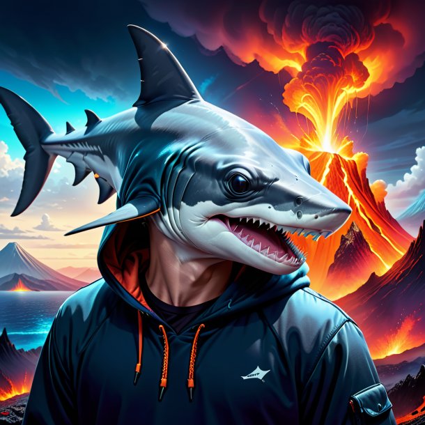 Drawing of a hammerhead shark in a hoodie in the volcano