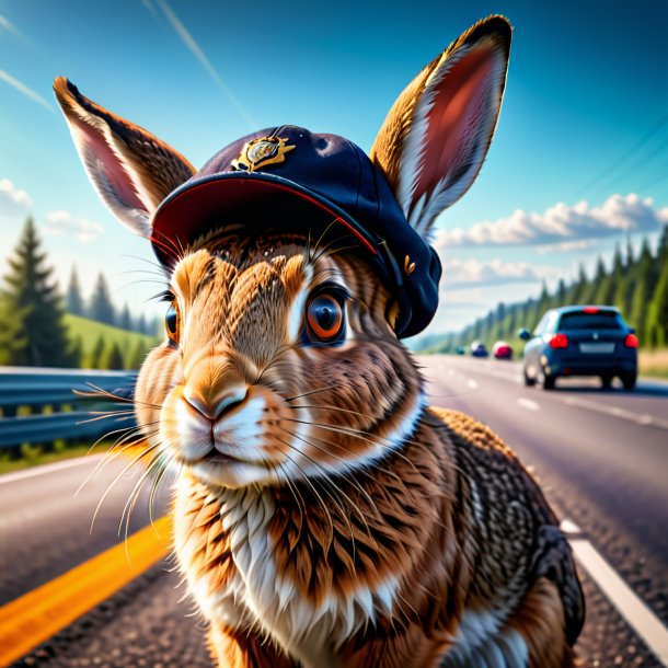 Imagen de una liebre en un gorro en la carretera