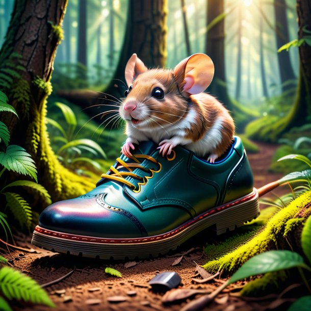 Picture of a mouse in a shoes in the forest