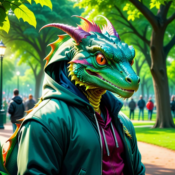 Ilustración de un basilisk en una sudadera con capucha en el parque