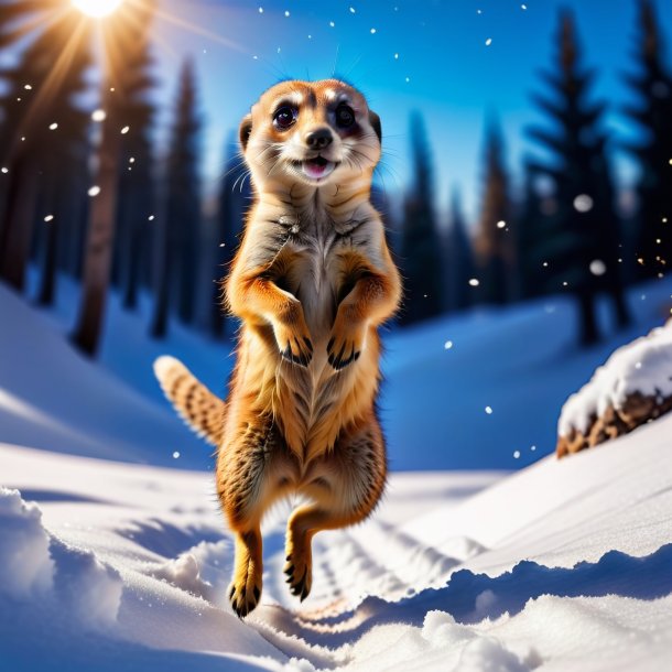 Photo of a jumping of a meerkat in the snow