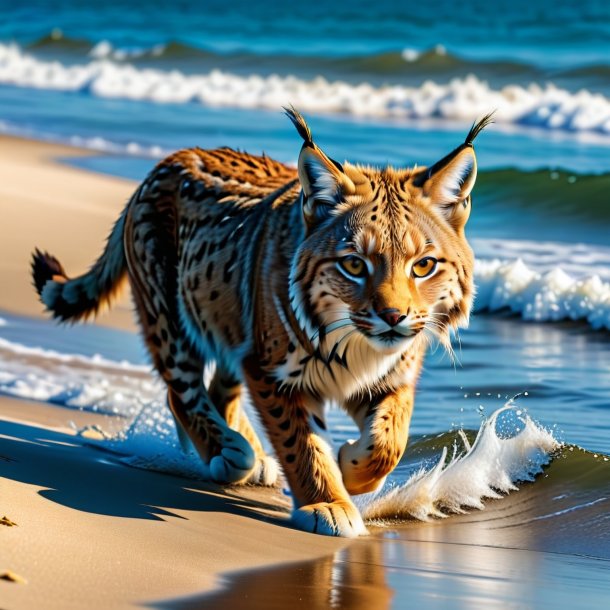 Photo of a swimming of a lynx on the beach