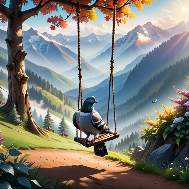 Image of a swinging on a swing of a pigeon in the mountains