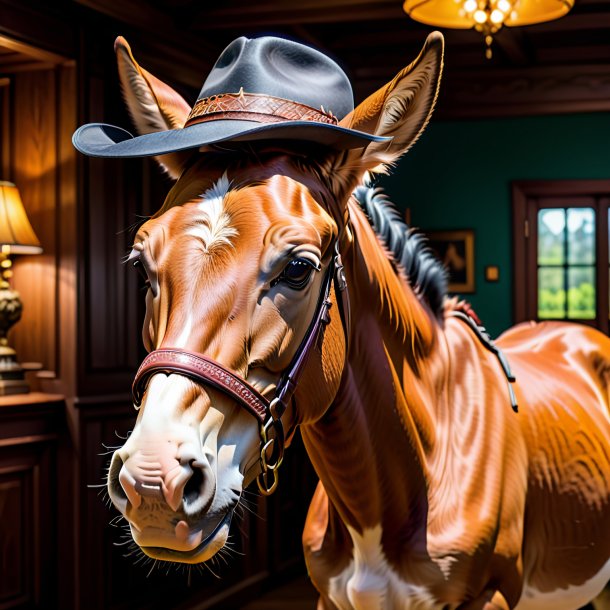 Image d'une mule dans un chapeau dans la maison