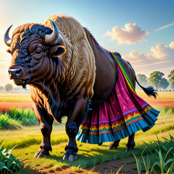 Drawing of a buffalo in a skirt on the field