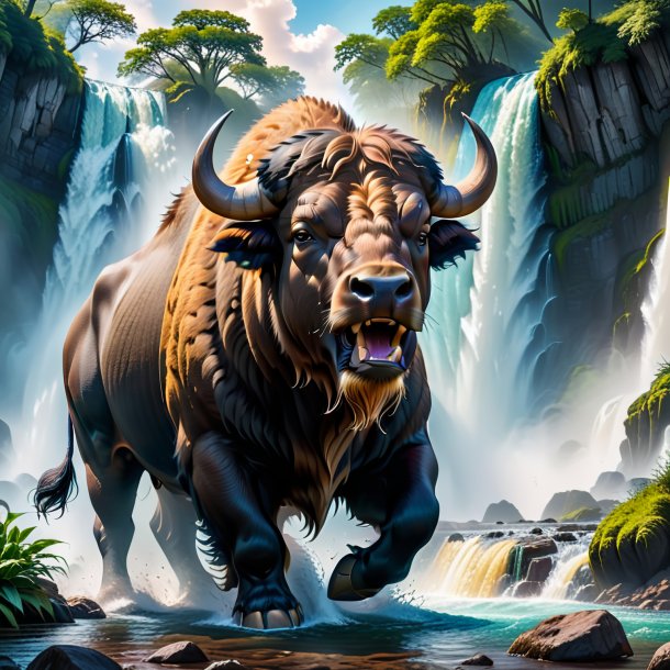 Photo of a threatening of a buffalo in the waterfall