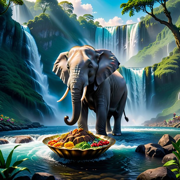 Pic d'un repas d'éléphant dans la cascade