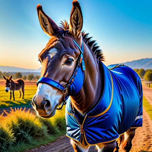 Picture of a donkey in a blue jacket