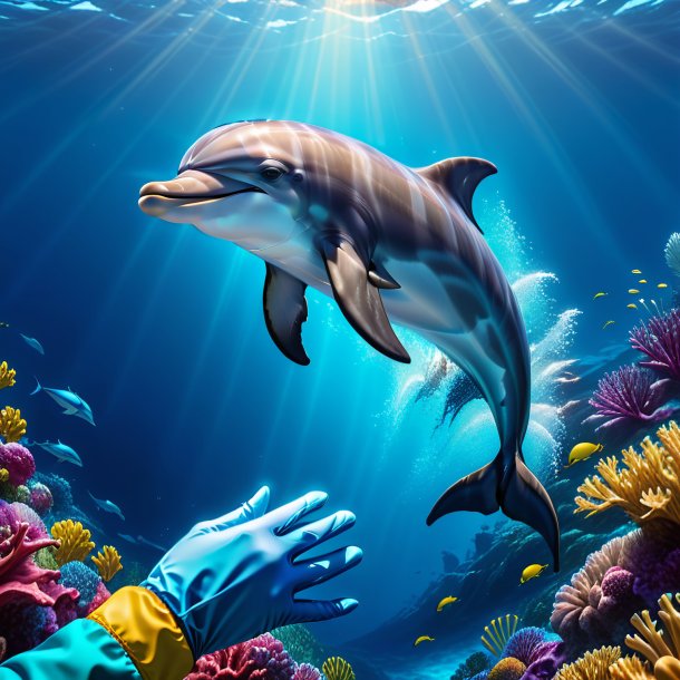 Illustration of a dolphin in a gloves in the sea