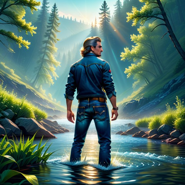 Illustration of a pike in a jeans in the river