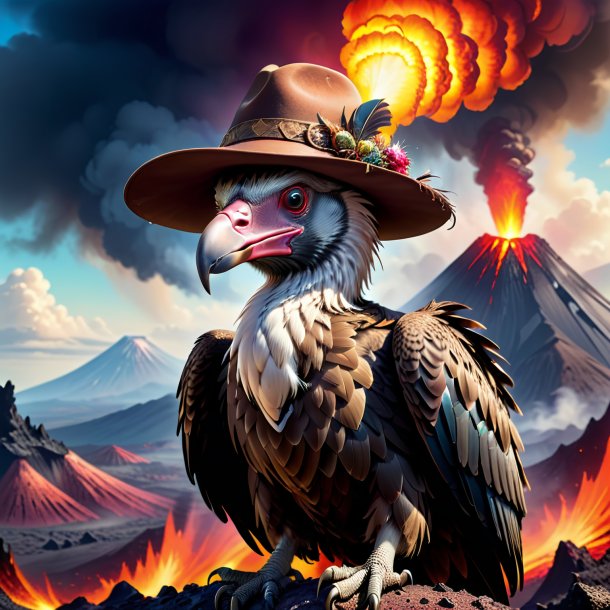 Illustration of a vulture in a hat in the volcano