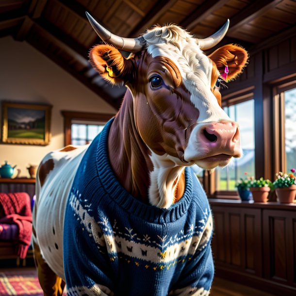 Pic d'une vache dans un pull dans la maison