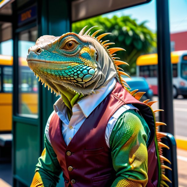 Foto de una iguana en un chaleco en la parada de autobús