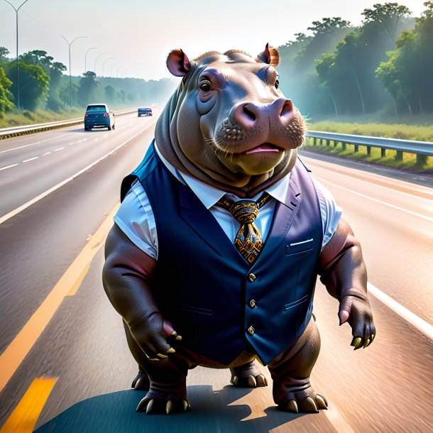 Pic d'un hippopotamus dans un gilet sur l'autoroute