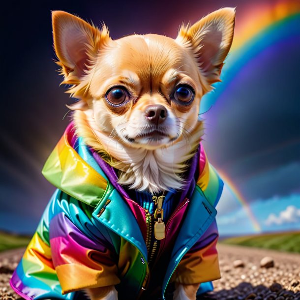 Imagen de un chihuahua en un abrigo en el arco iris