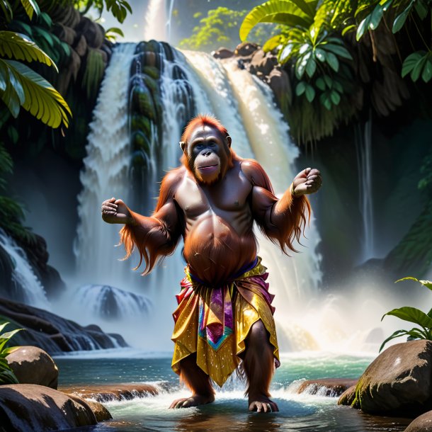 Image of a orangutan in a dress in the waterfall