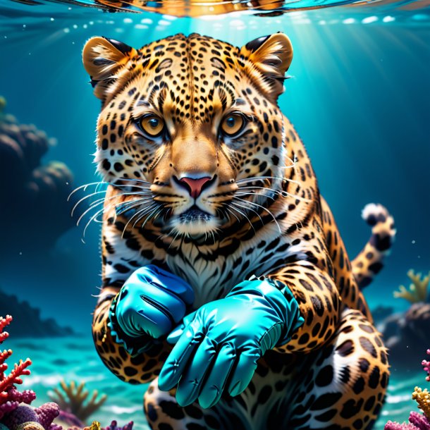 Illustration of a leopard in a gloves in the sea