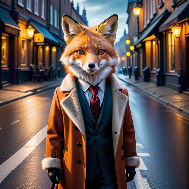 Image of a fox in a coat on the road