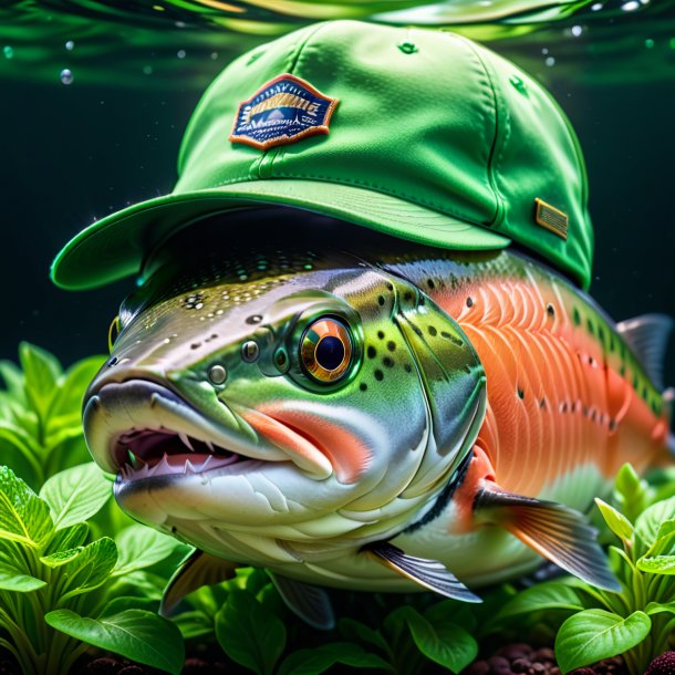 Foto de un salmón en una gorra verde