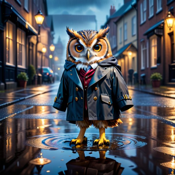 Image of a owl in a coat in the puddle