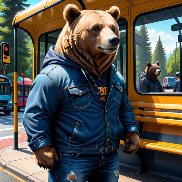 Drawing of a bear in a jeans on the bus stop