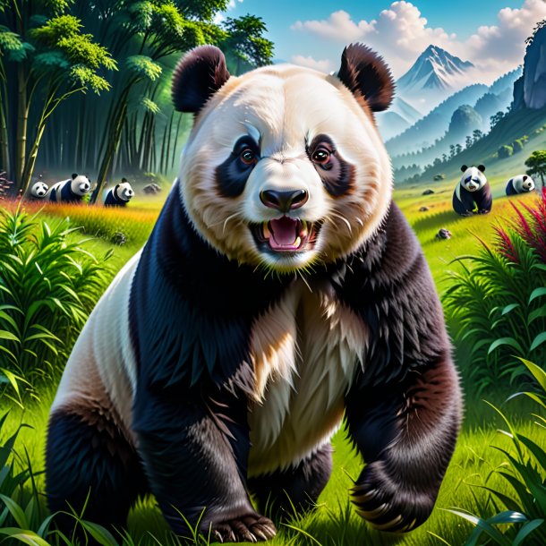 Pic of a angry of a giant panda in the meadow