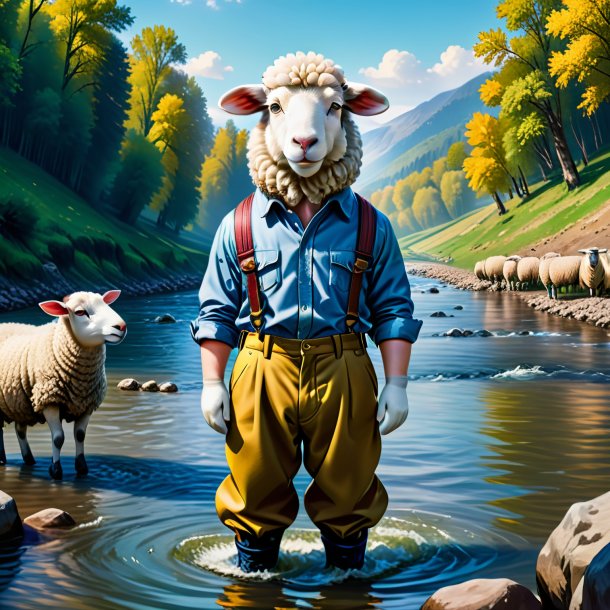 Illustration of a sheep in a trousers in the river