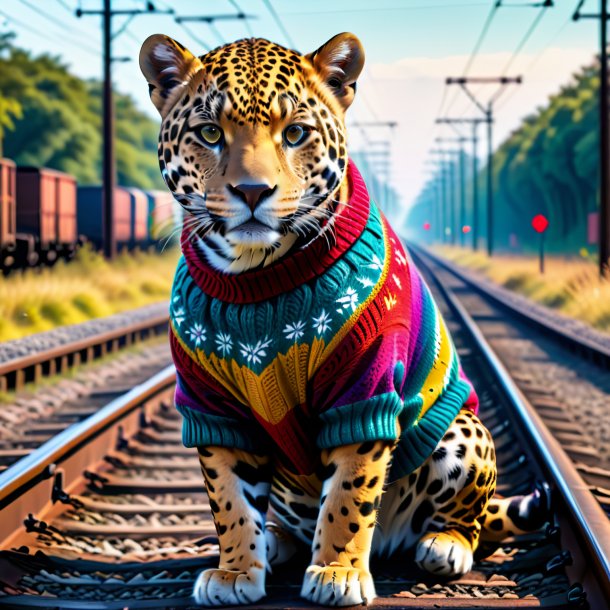 Foto de un jaguar en un suéter en las vías del tren