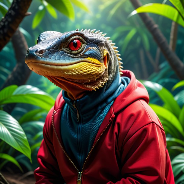 Picture of a monitor lizard in a red hoodie