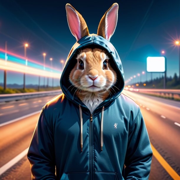 Picture of a rabbit in a hoodie on the highway