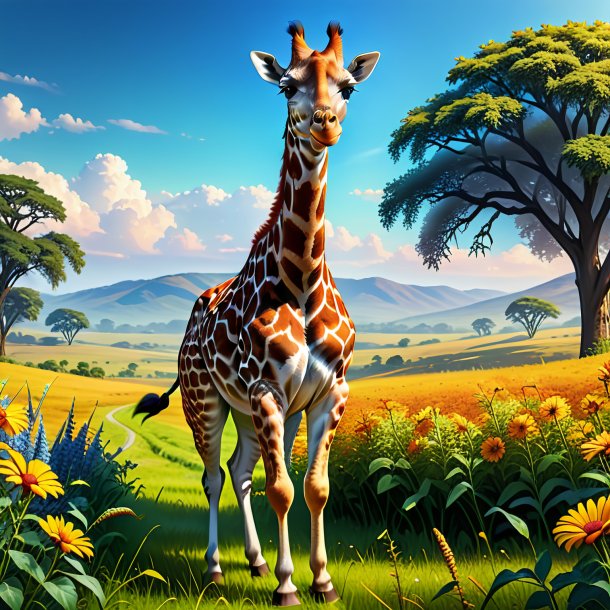 Illustration of a giraffe in a gloves in the meadow