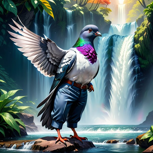 Illustration of a pigeon in a trousers in the waterfall