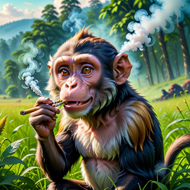 Image of a smoking of a monkey in the meadow