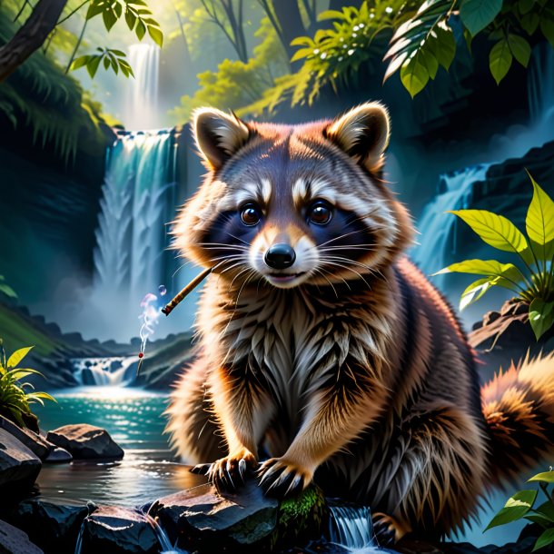 Photo of a smoking of a raccoon in the waterfall