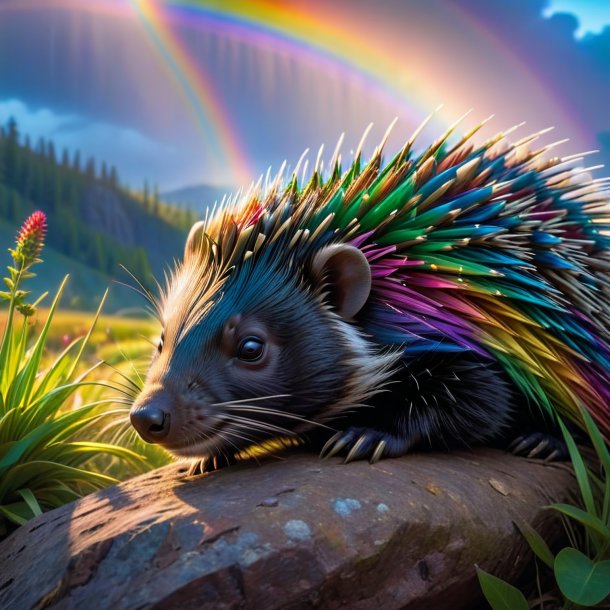 Image of a sleeping of a porcupine on the rainbow