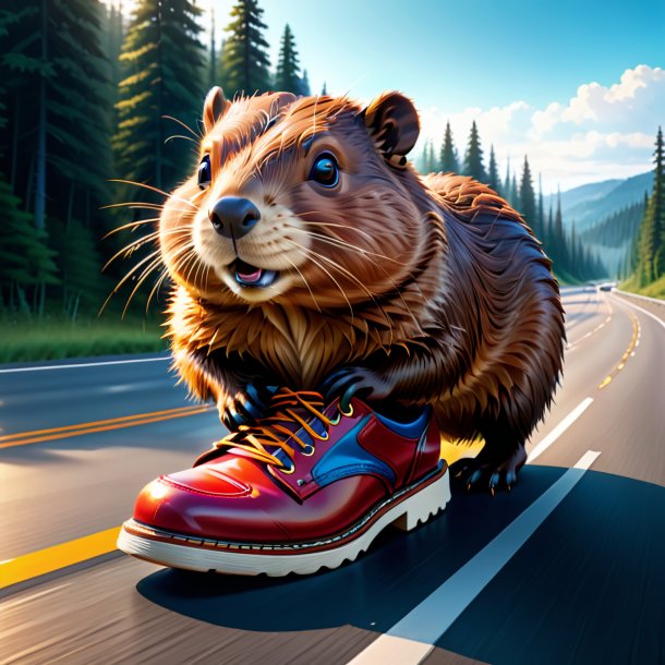 Illustration of a beaver in a shoes on the highway