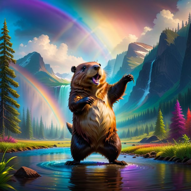 Image of a dancing of a beaver on the rainbow