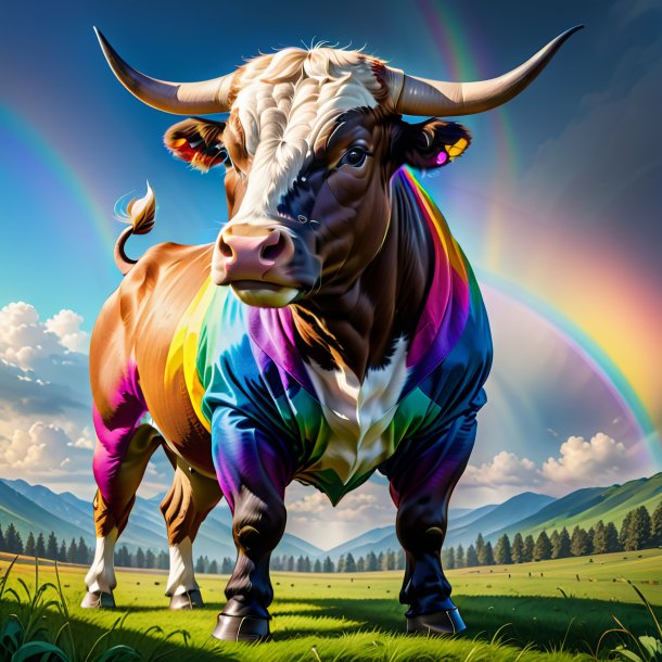 Drawing of a bull in a trousers on the rainbow